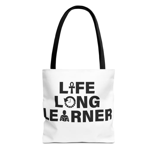 Life Long Learner Tote Bag, Motivational Shopping Bag, Eco-Friendly Gift, Inspirational Bag for Students and Teachers, AOP Design