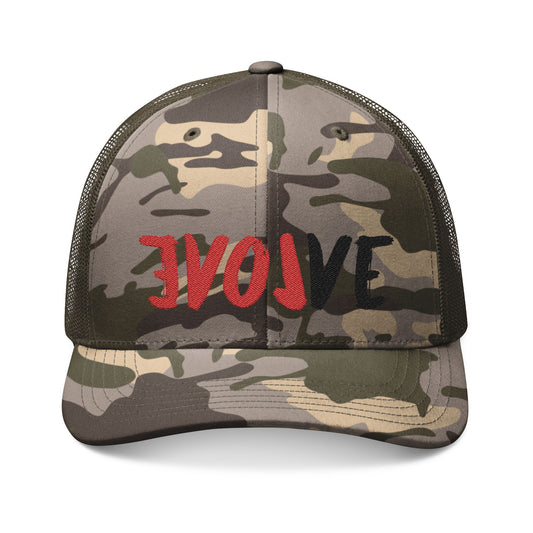 Camouflage Trucker Hat with 'Evolve' Embroidery - Perfect for Outdoors, Camping, and Everyday Style, Gift for Nature Lovers, Adventurers
